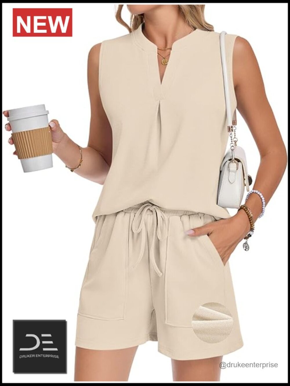 Womens Two Piece Sets Waffle Knit V Neck Sleeveless Pleated Shorts Set